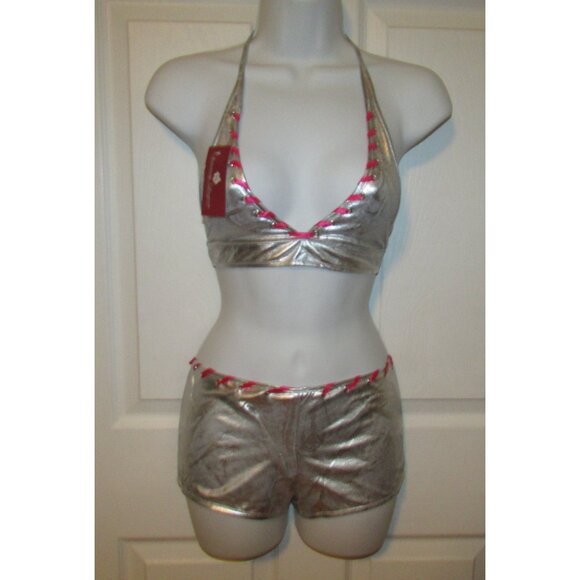 Silver Metallic and Pink Booty Shorts Bikini - NEW - Picture 2 of 10